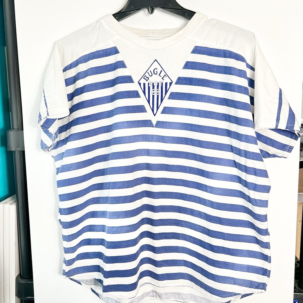 Vintage Bugle Boy Mens Sz L Blue White Striped Cotton Shirt 1980s Retro‎ RARE